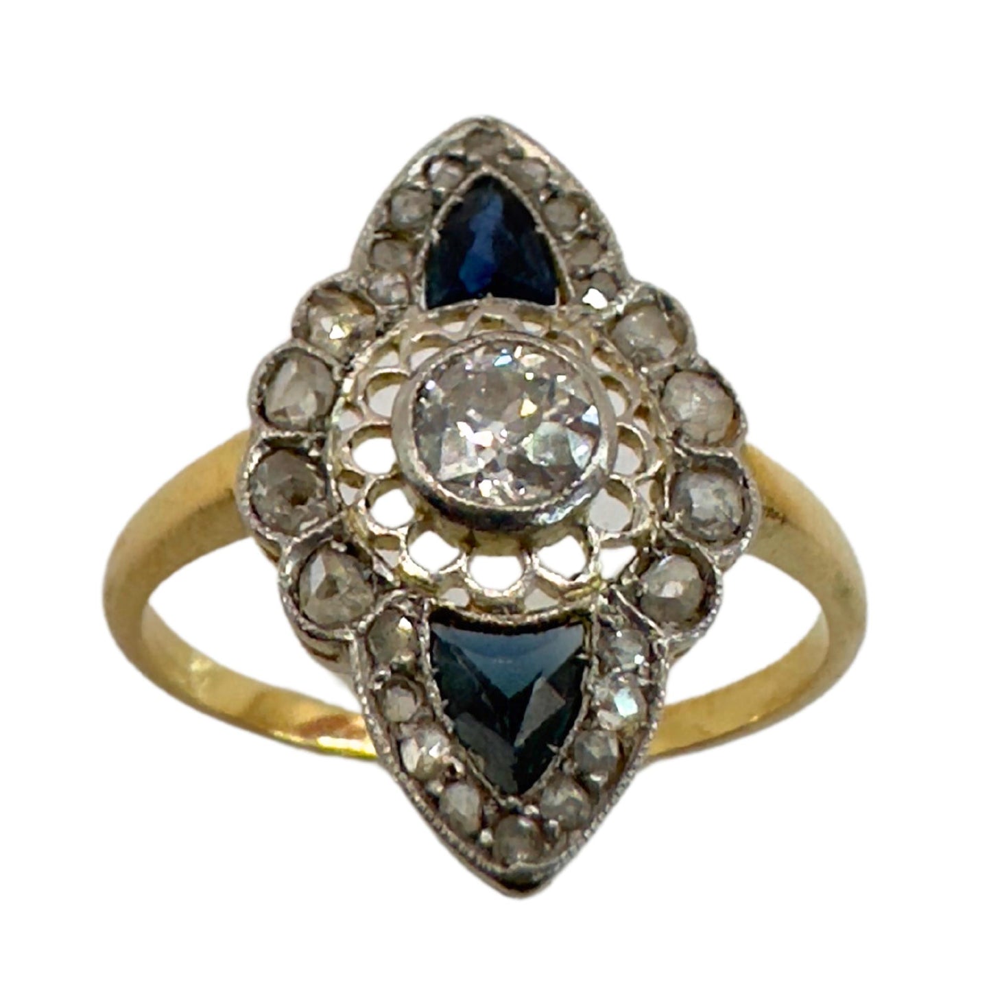 18k Art Deco Rose Cut Diamond and Sapphire Navette Shaped Ring