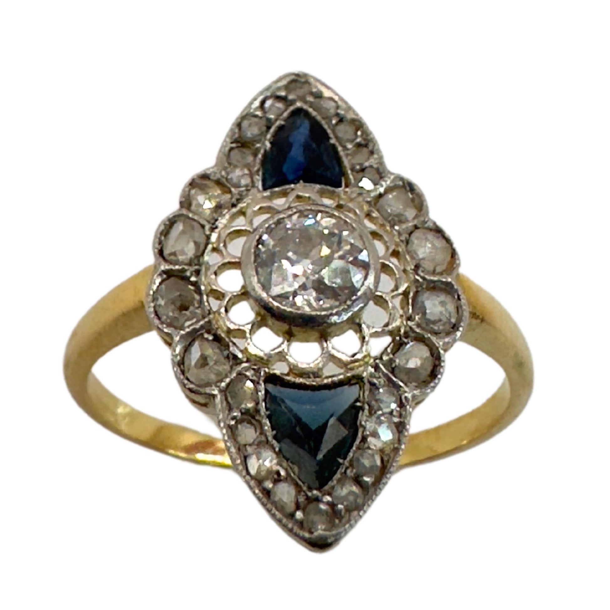 18k Art Deco Rose Cut Diamond and Sapphire Navette Shaped Ring