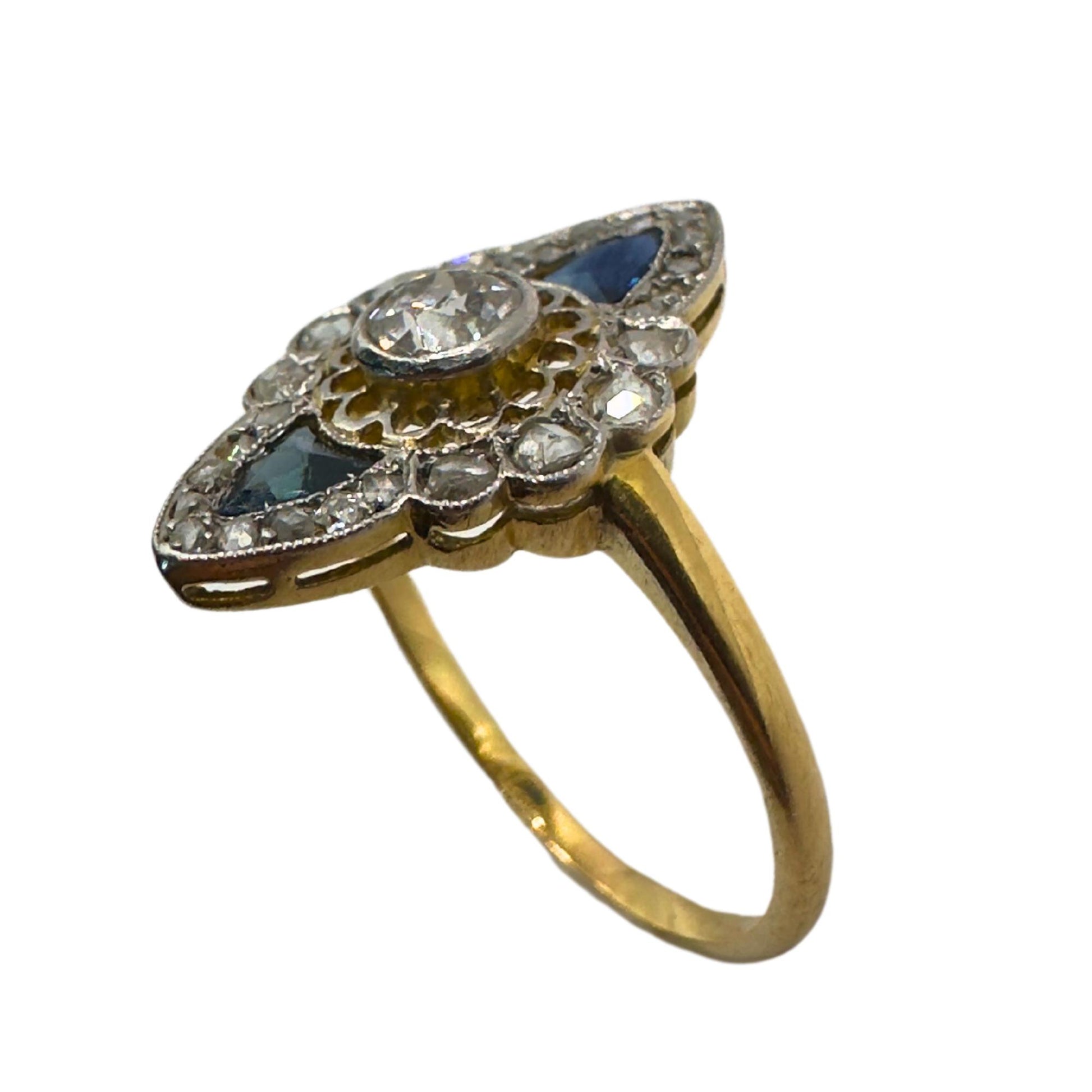 18k Art Deco Rose Cut Diamond and Sapphire Navette Shaped Ring