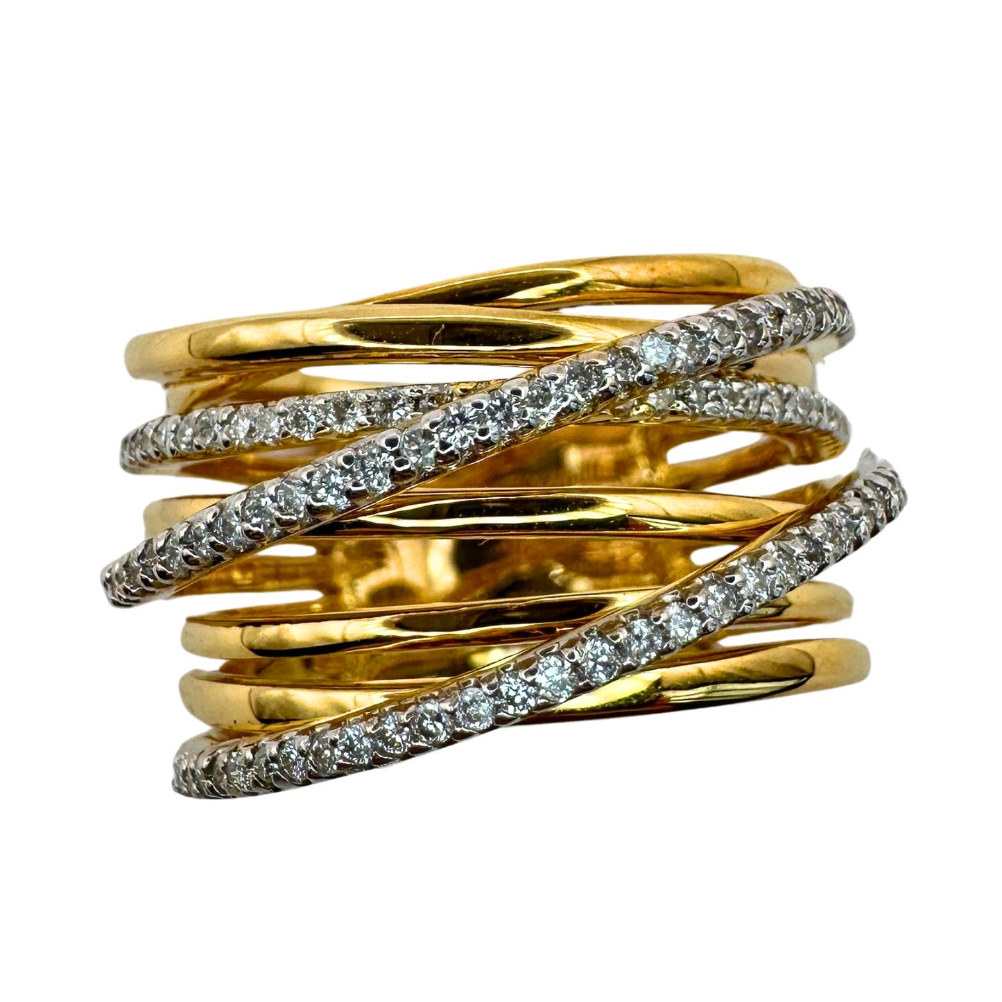 18k Yellow Gold Diamond Crossover Wide Band Ring