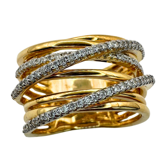 18k Yellow Gold Diamond Crossover Wide Band Ring