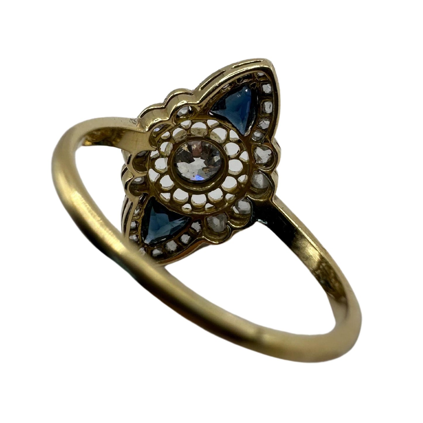 18k Art Deco Rose Cut Diamond and Sapphire Navette Shaped Ring