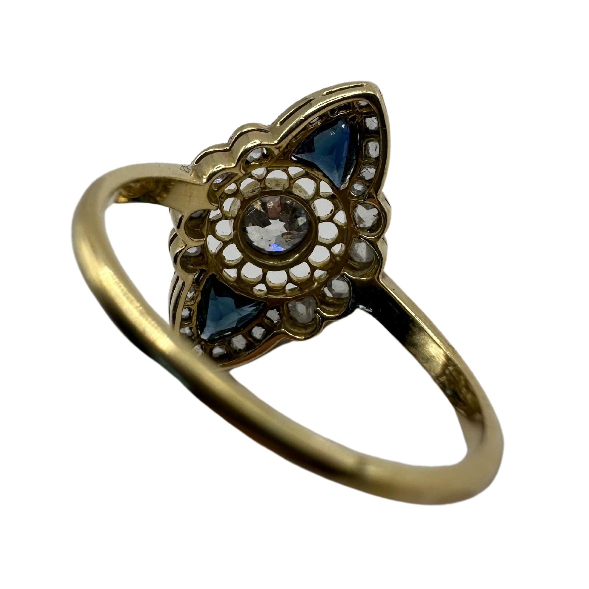 18k Art Deco Rose Cut Diamond and Sapphire Navette Shaped Ring