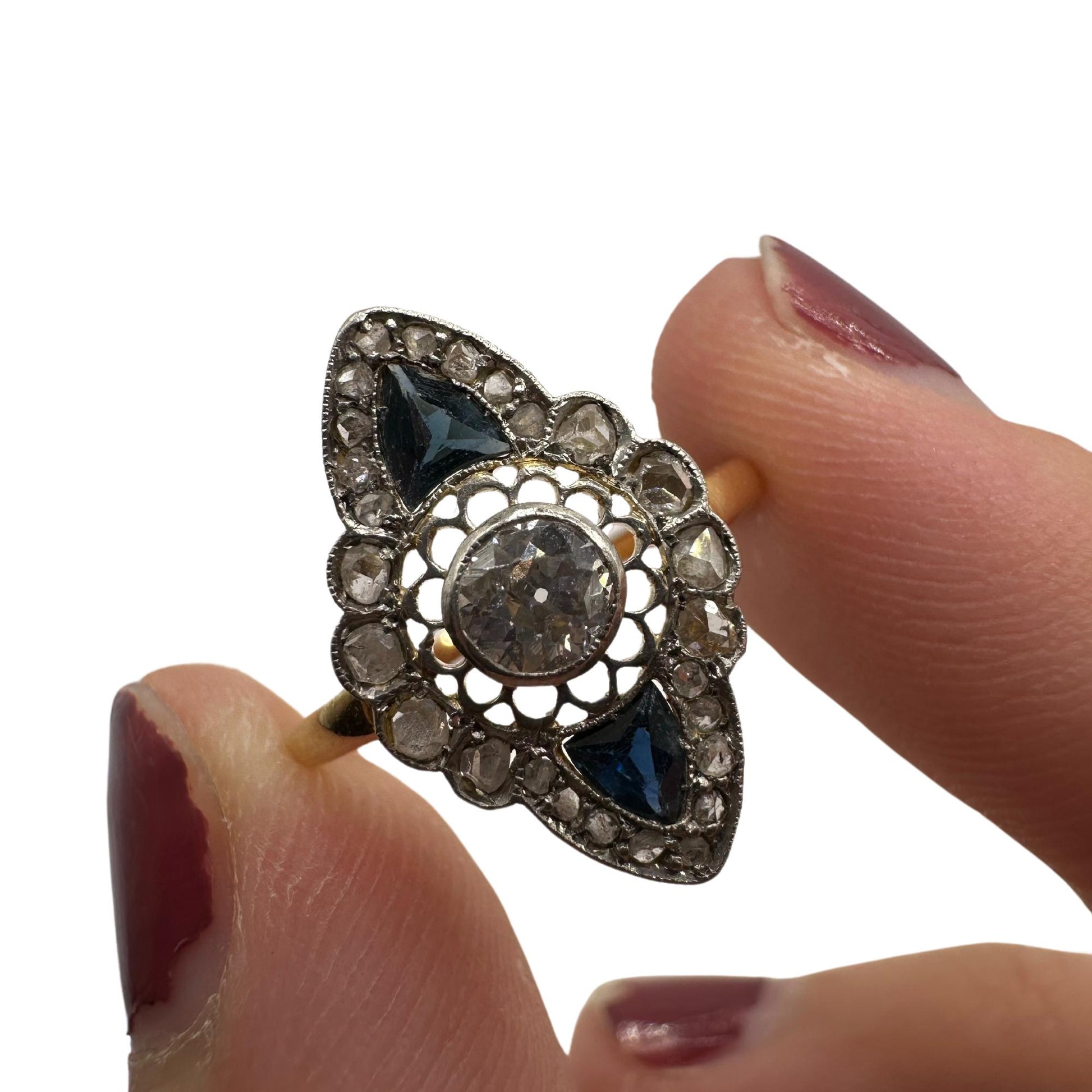 18k Art Deco Rose Cut Diamond and Sapphire Navette Shaped Ring