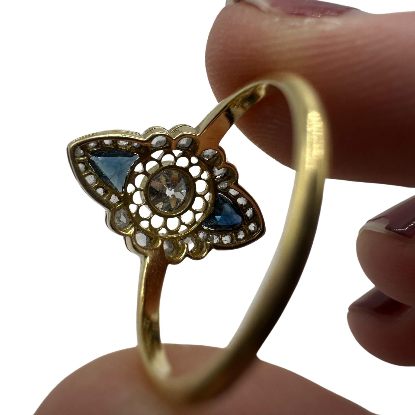 18k Art Deco Rose Cut Diamond and Sapphire Navette Shaped Ring