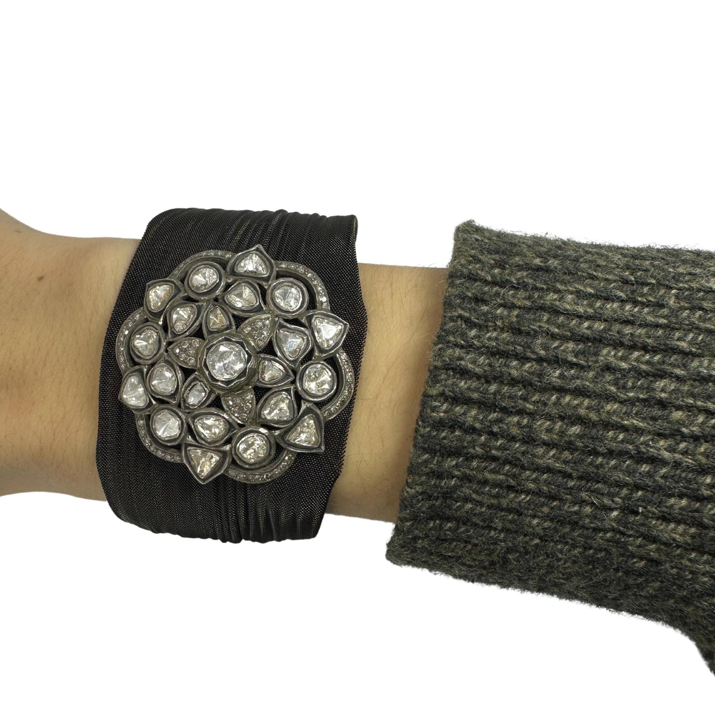 14K, Silver and Blackened Steel Mesh Rose Cut Diamond Bracelet