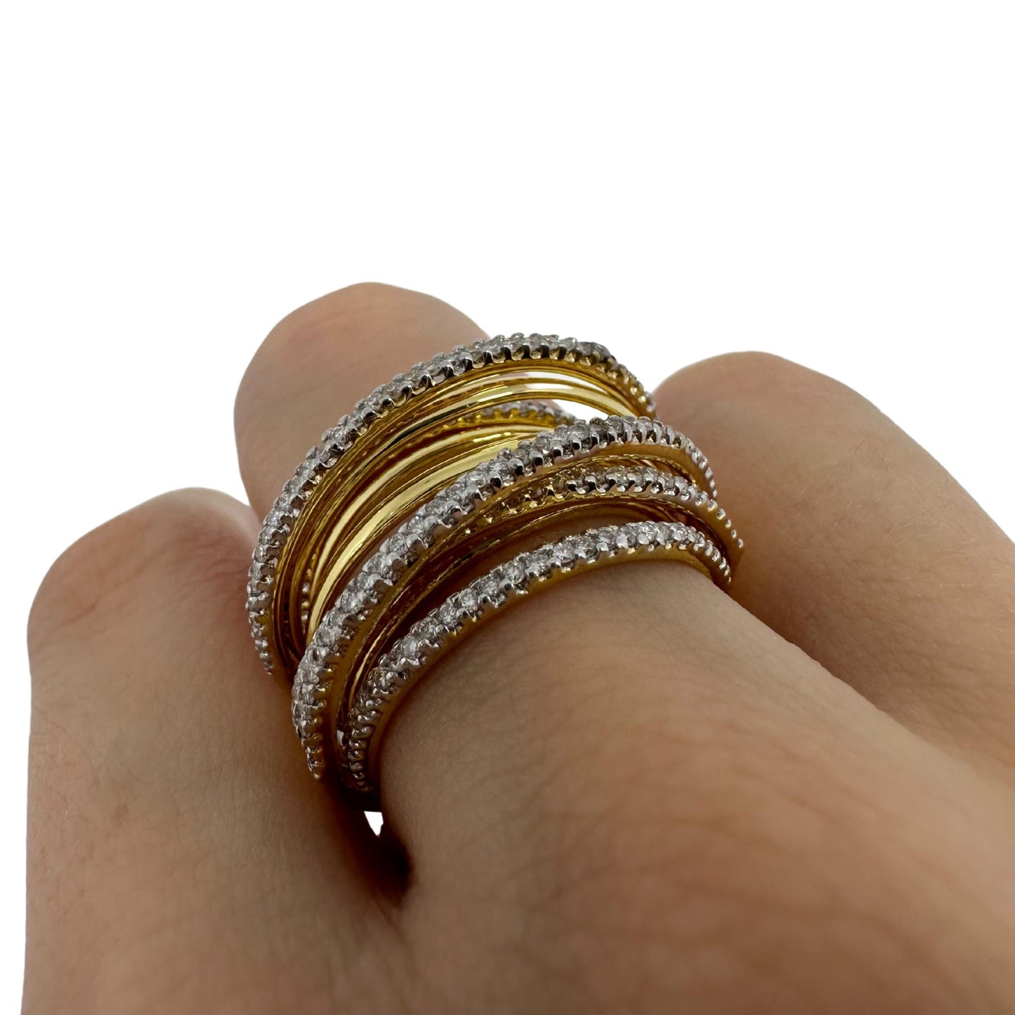 18K Yellow Gold Diamond Crossover Wide Band Ring