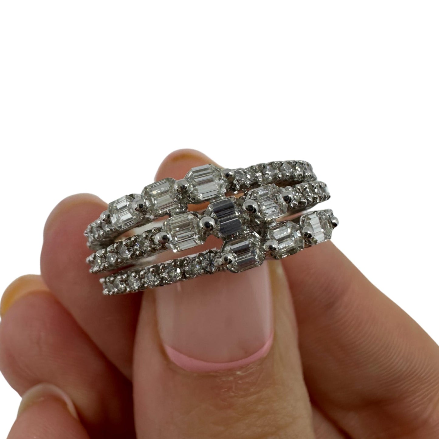 18K White Gold Emerald Cut Diamond Band Ring.