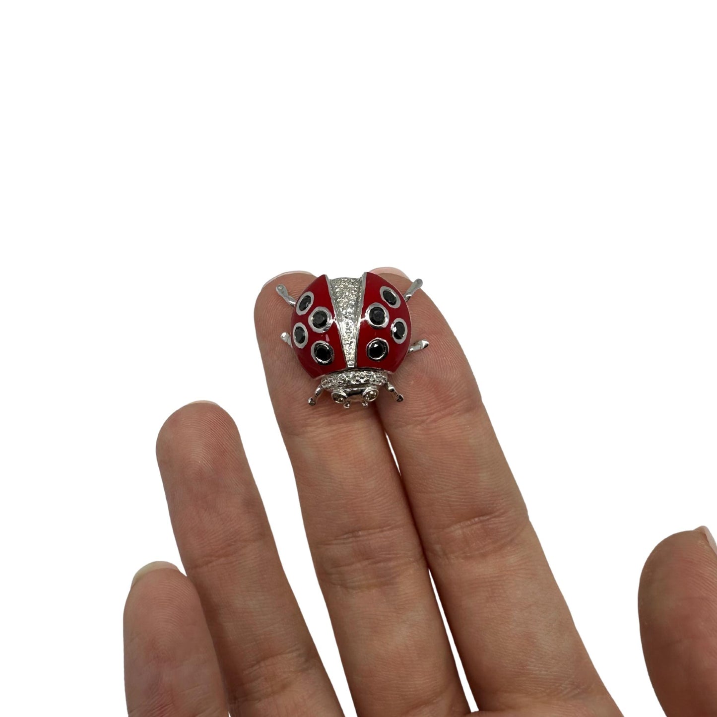 18K White Gold Black and White Diamond Red Lady Bug Pendant