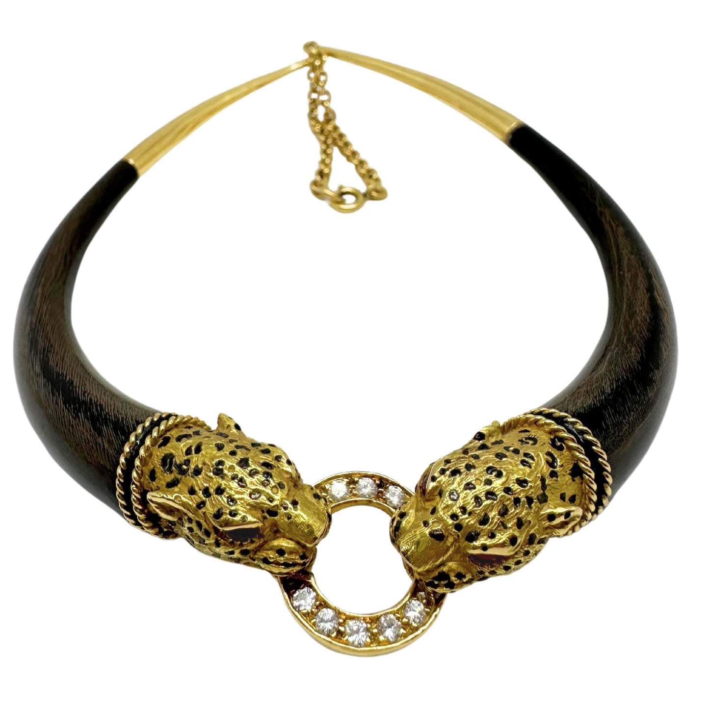 1960's French 18K Yellow Gold, Wood, Enamel, Ruby and Diamond Leopard Necklace