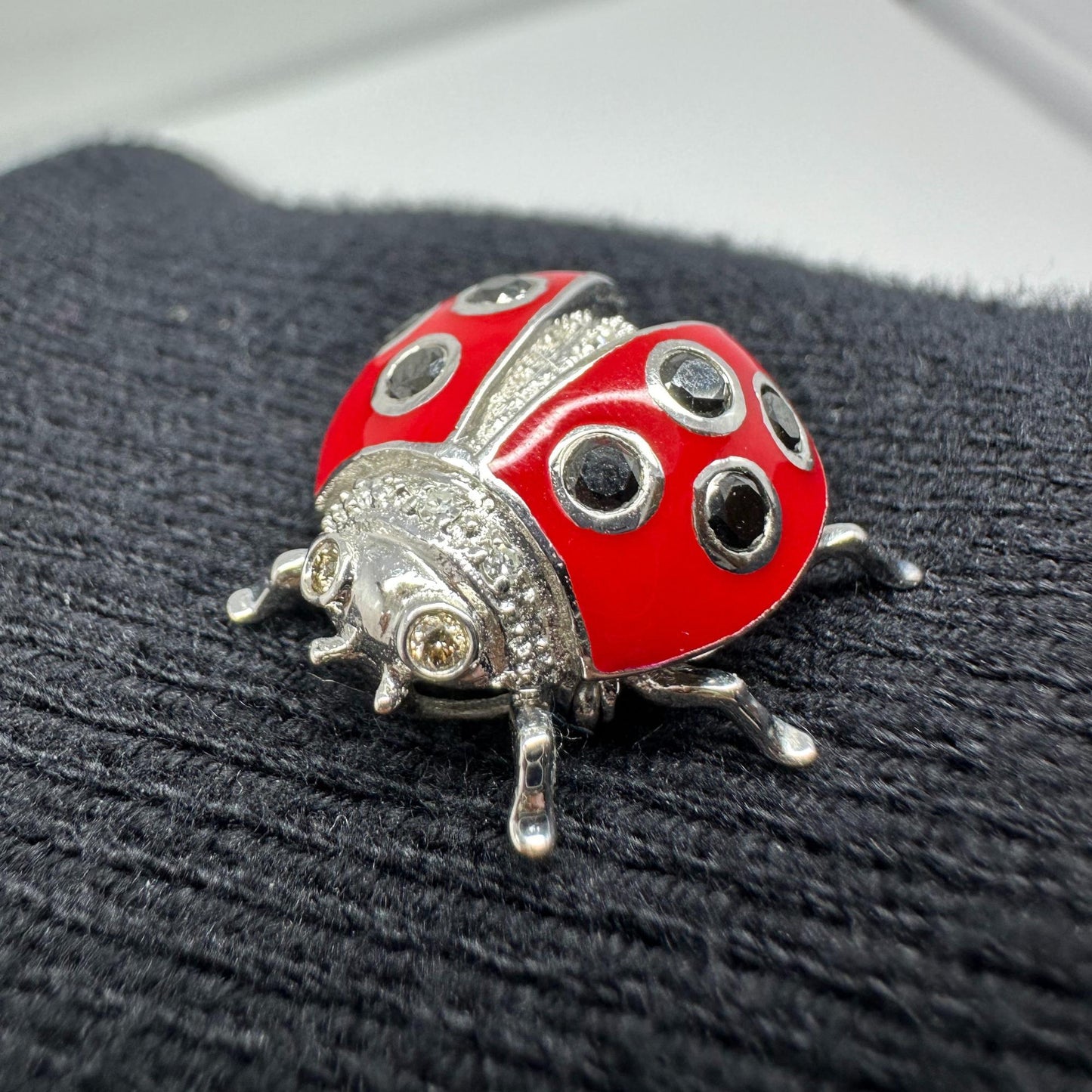 18K White Gold Black and White Diamond Red Lady Bug Pendant