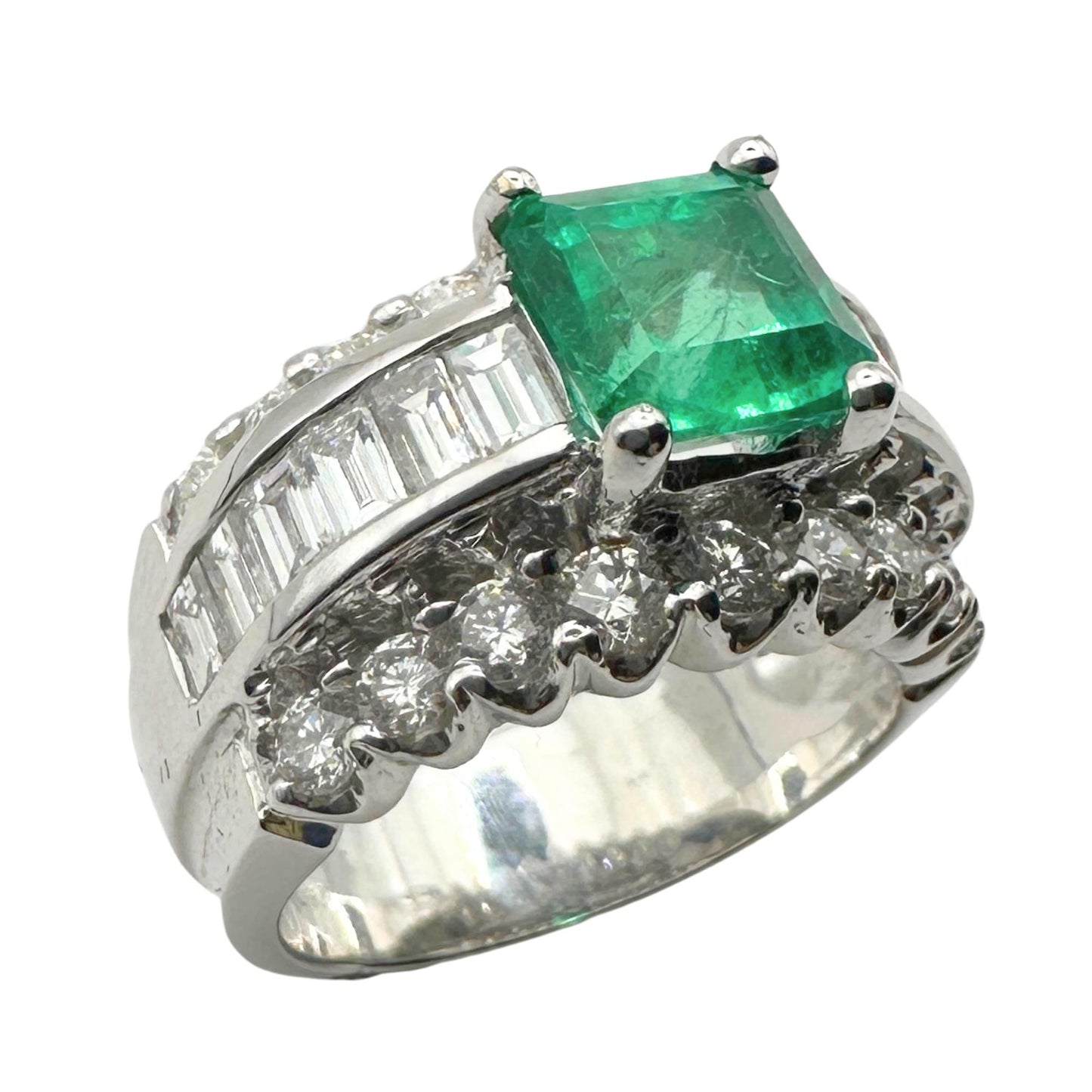 18k Diamond and Emerald Wide Band Ring