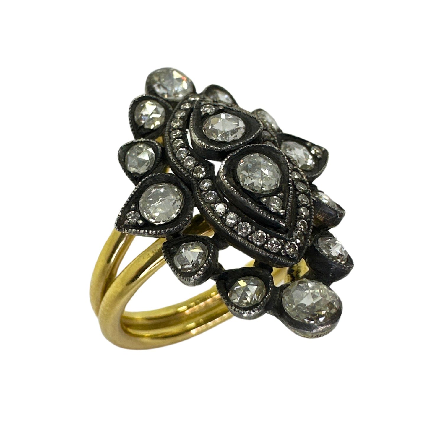 18K Yellow Gold and Silver Top Rose Cut Diamond Cocktail Ring