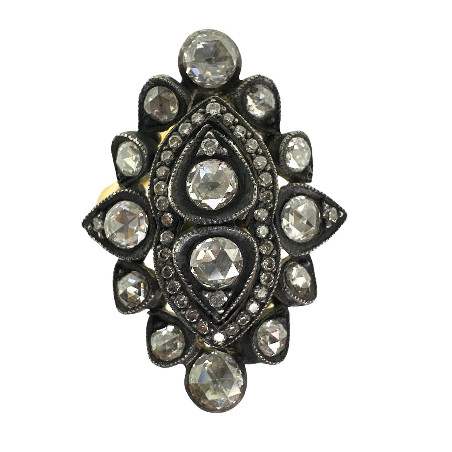 18K Yellow Gold and Silver Top Rose Cut Diamond Cocktail Ring