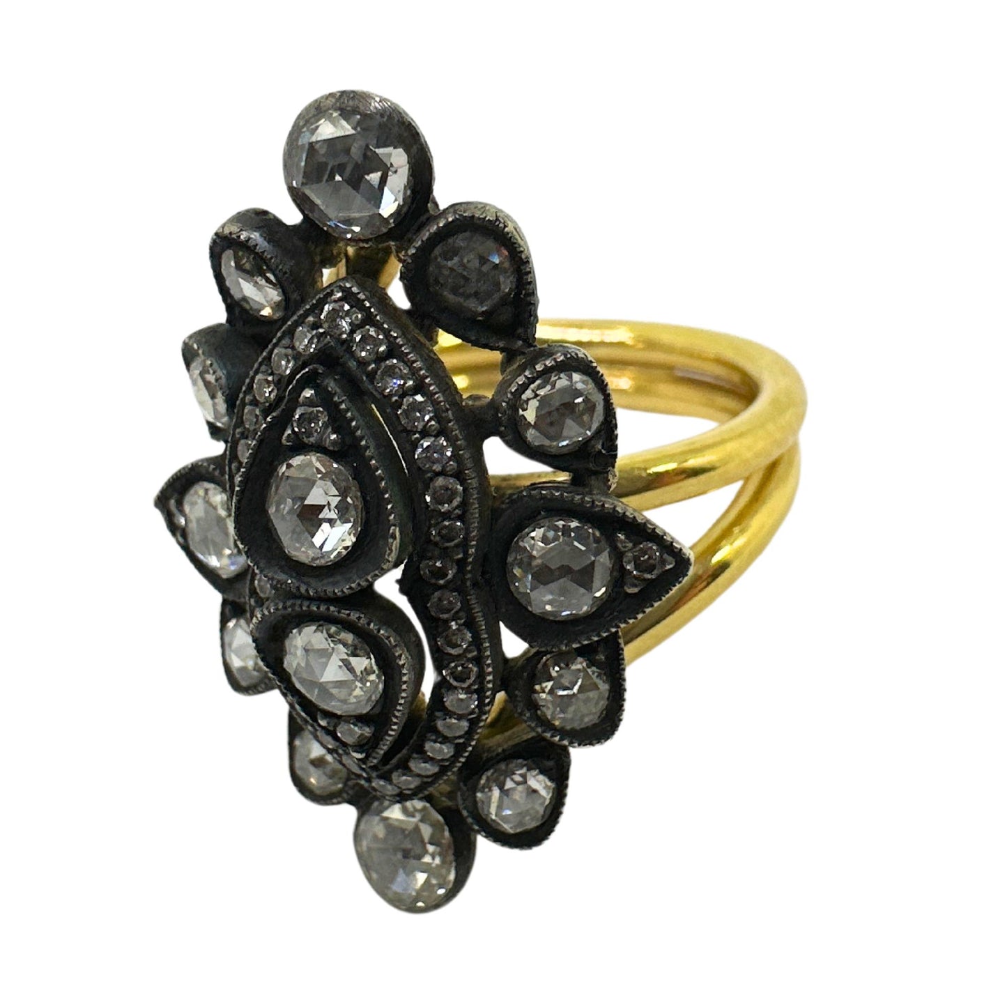18K Yellow Gold and Silver Top Rose Cut Diamond Cocktail Ring