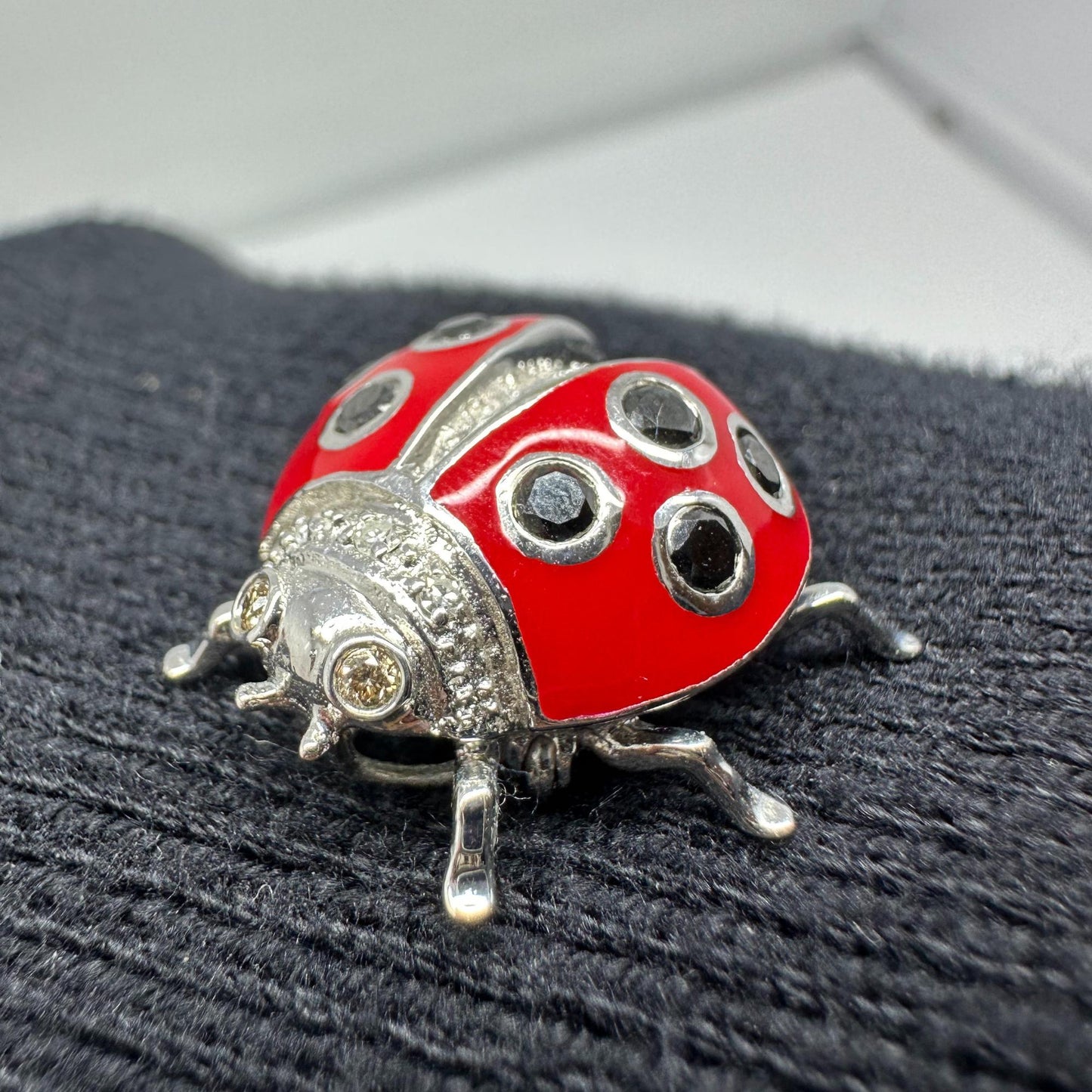 18K White Gold Black and White Diamond Red Lady Bug Pendant