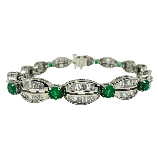18K White Gold Tapered Baguette Diamond and Emerald Bracelet