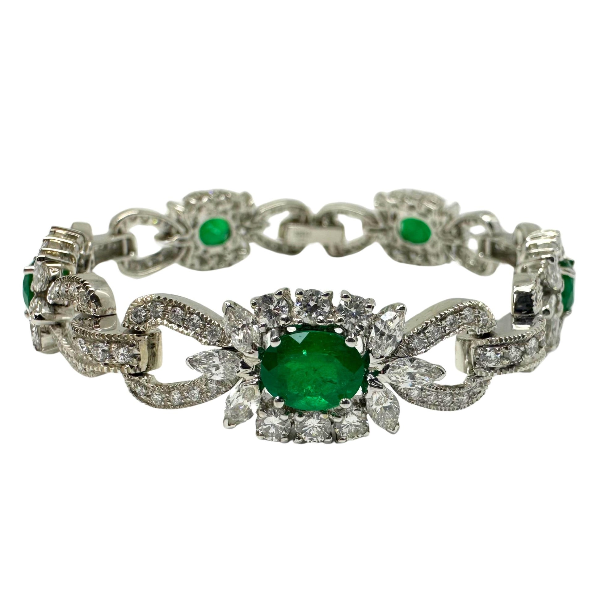 18K White Gold Diamond and Emerald Bracelet