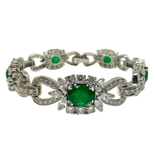 18K White Gold Diamond and Emerald Bracelet