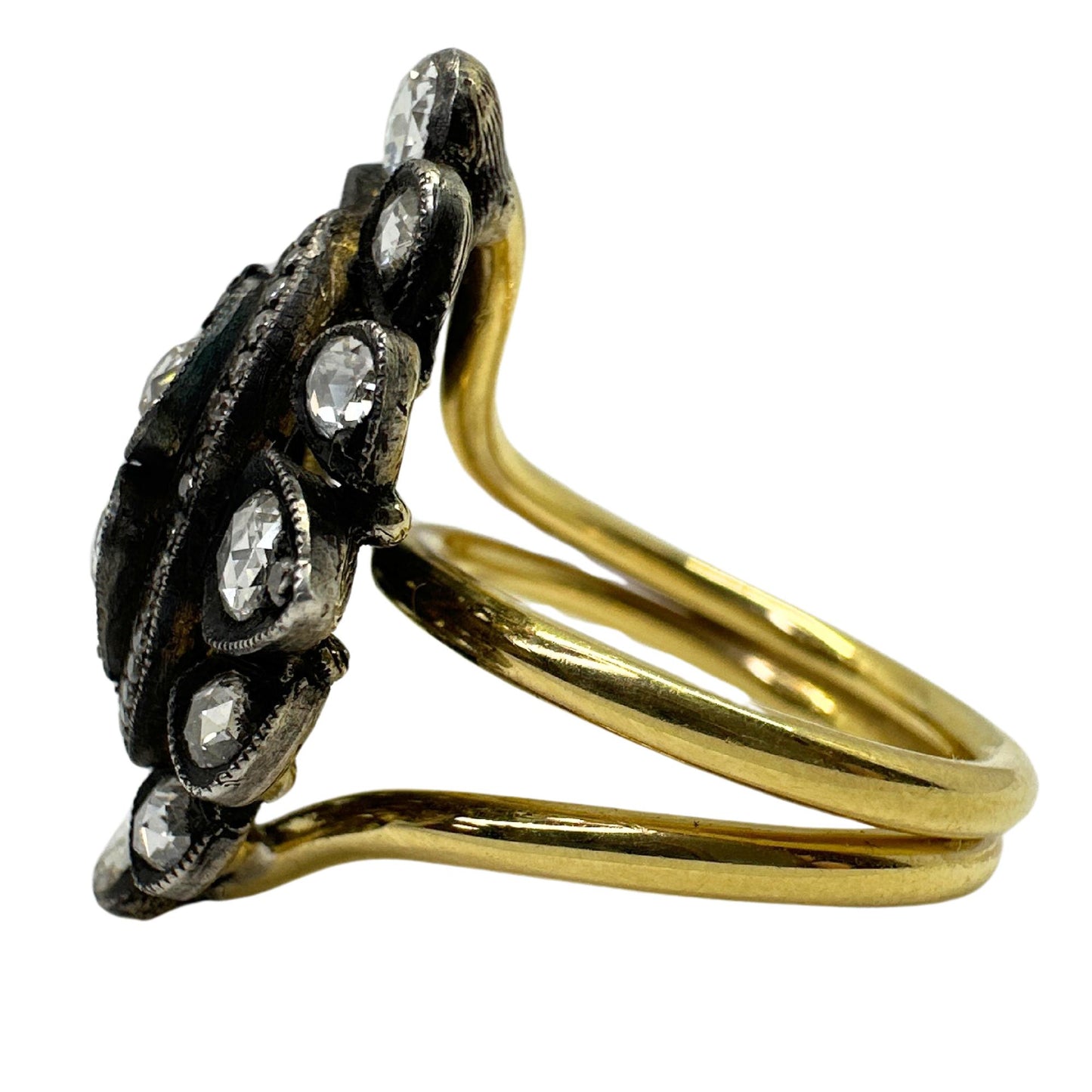 18K Yellow Gold and Silver Top Rose Cut Diamond Cocktail Ring