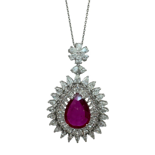 18k African Ruby and Princess Cut Diamond Pendant Necklace