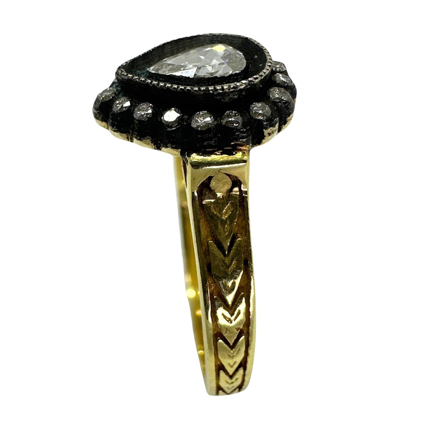 18K Yellow Gold .32 Carats Pear Shaped Rose Cut Diamond Ring - Size 7.5