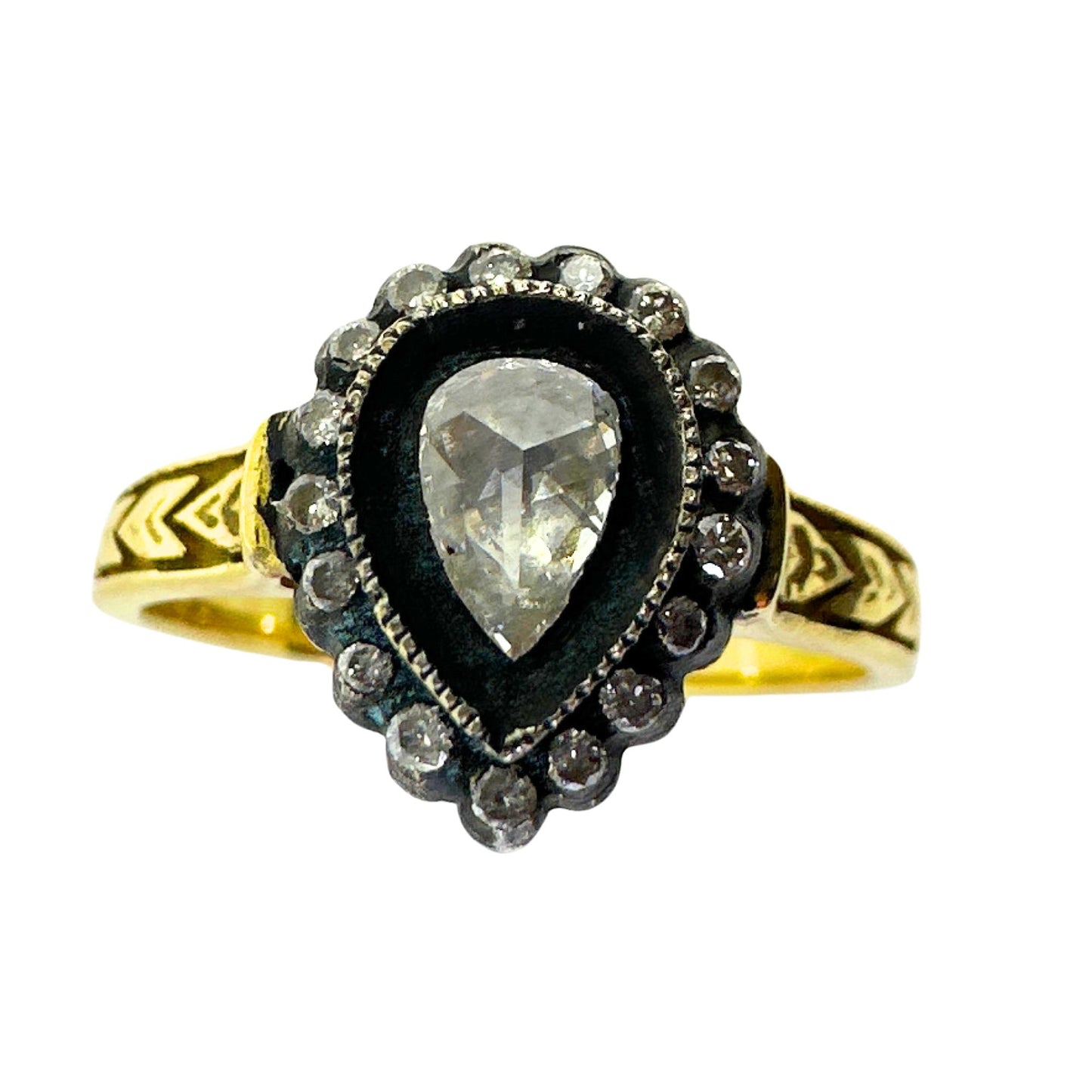 18K Yellow Gold .32 Carats Pear Shaped Rose Cut Diamond Ring - Size 7.5