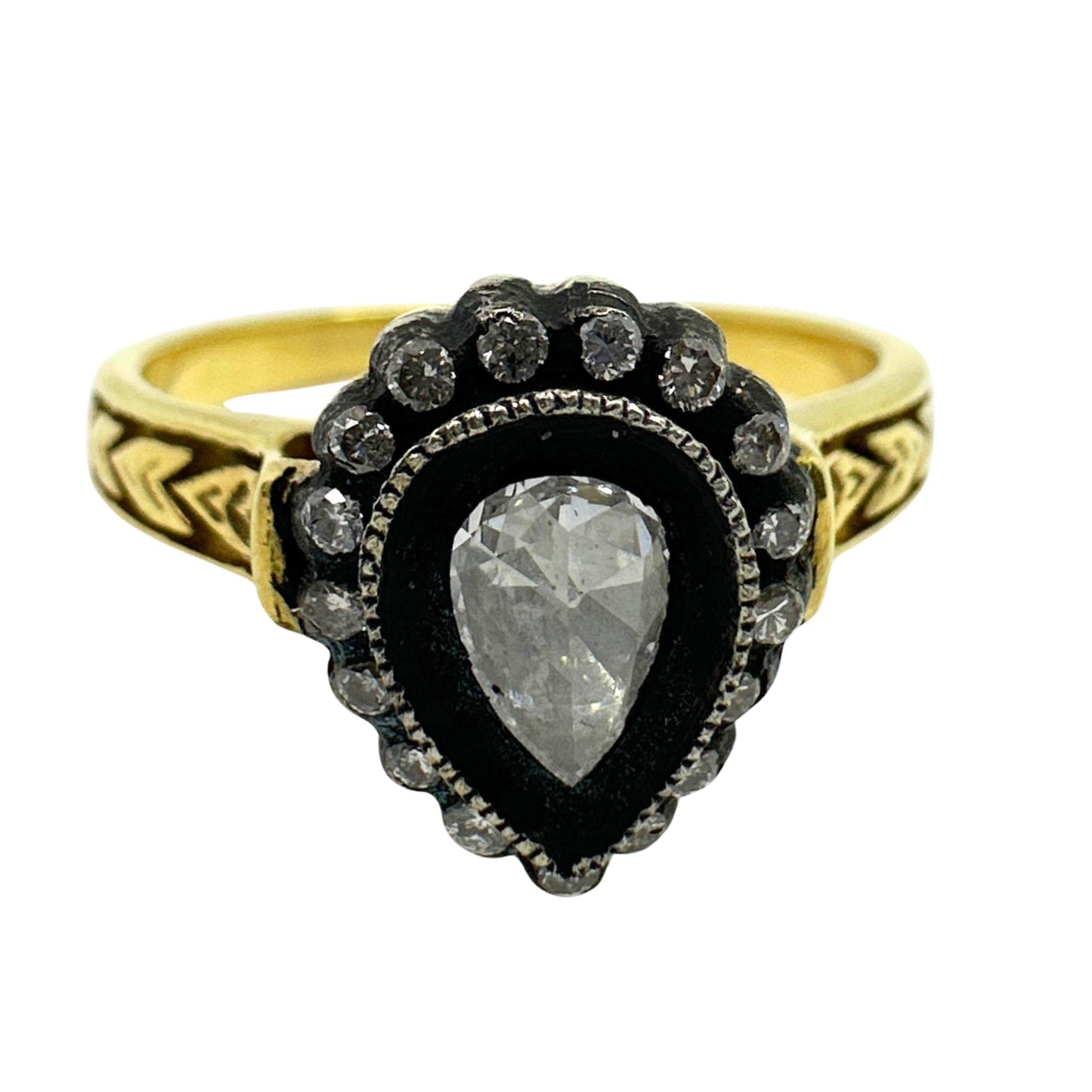 18K Yellow Gold .32 Carats Pear Shaped Rose Cut Diamond Ring - Size 7.5