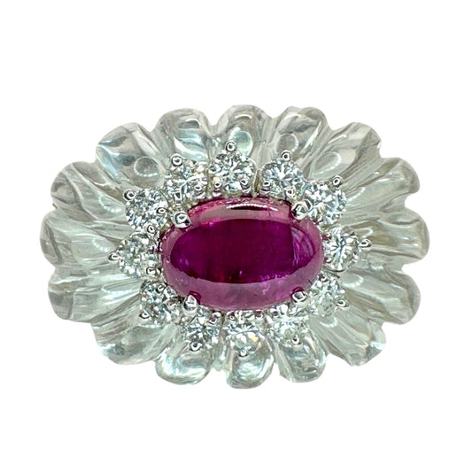 14k 1960's Rock Crystal Diamond and Ruby Ring