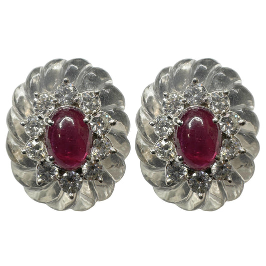 14k Estate Rock Crystal Diamond and Ruby Earrings