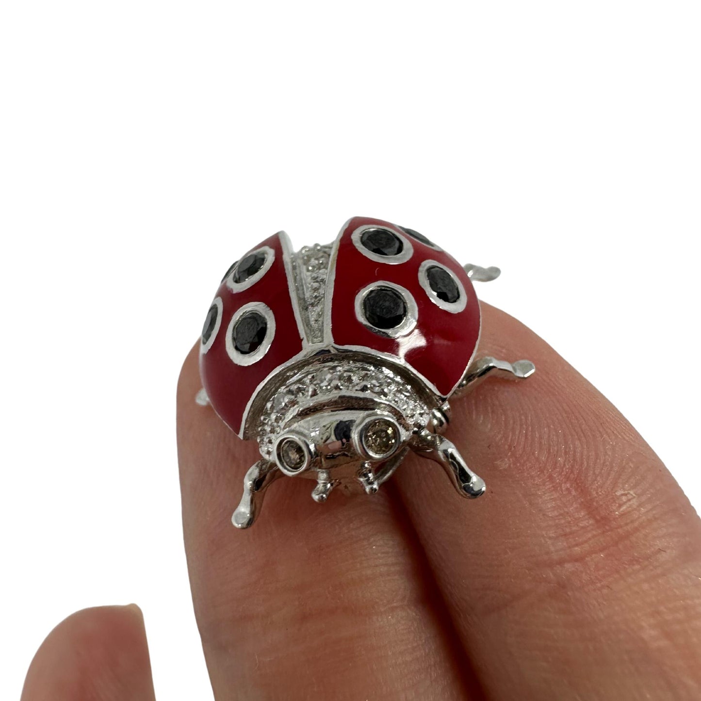 18K White Gold Black and White Diamond Red Lady Bug Pendant