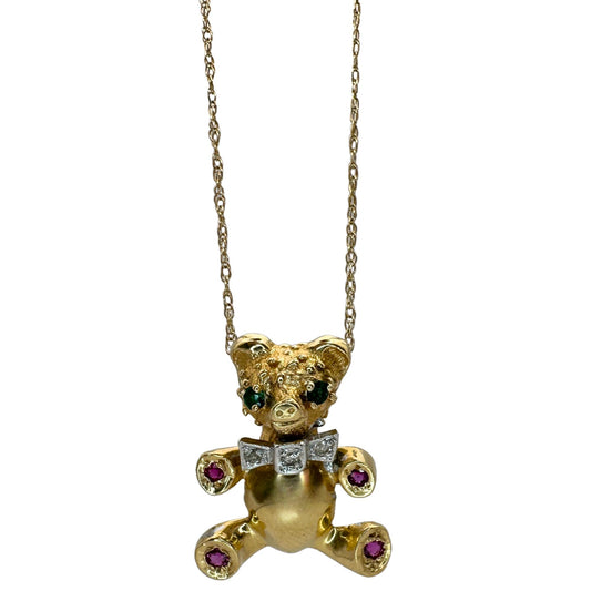 14k 1980's Diamond, Emerald and Ruby Teddy Bear Pendant with Chain
