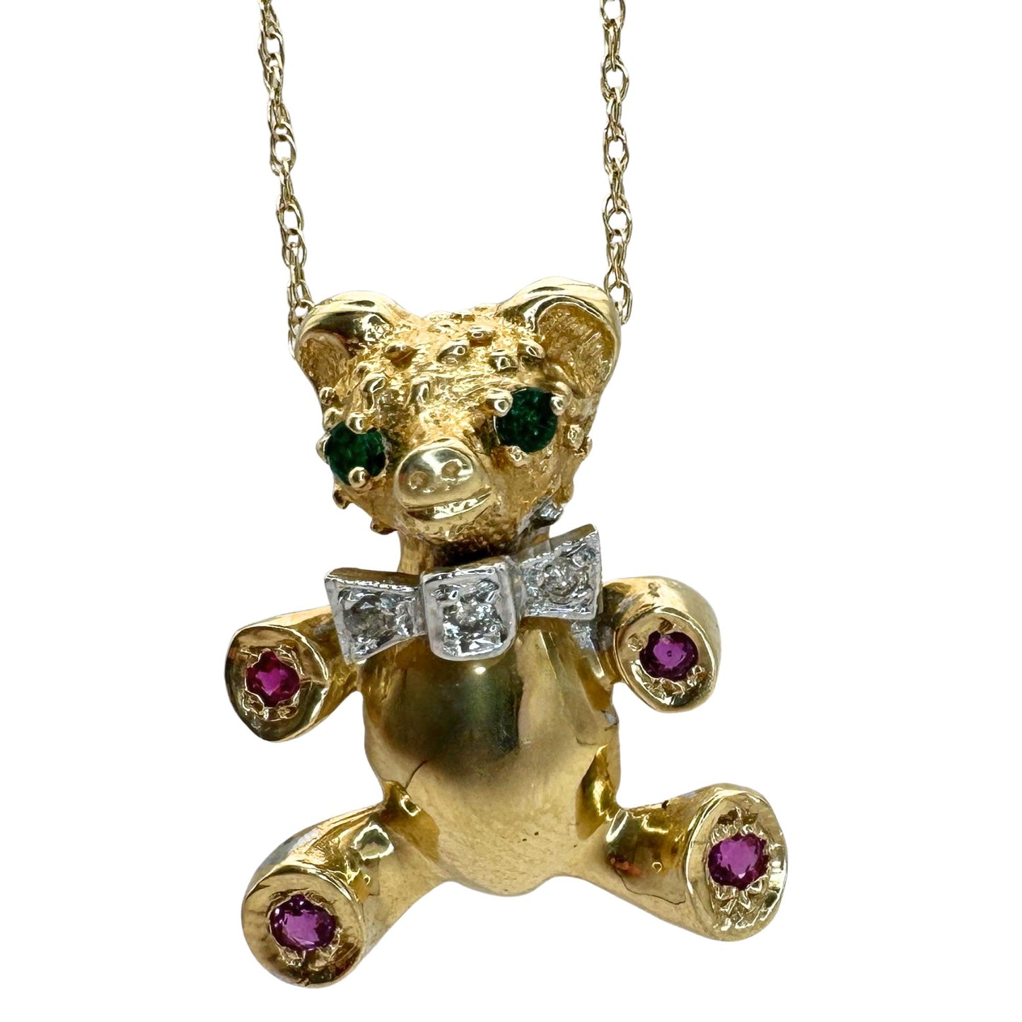 14k 1980's Diamond, Emerald and Ruby Teddy Bear Pendant with Chain
