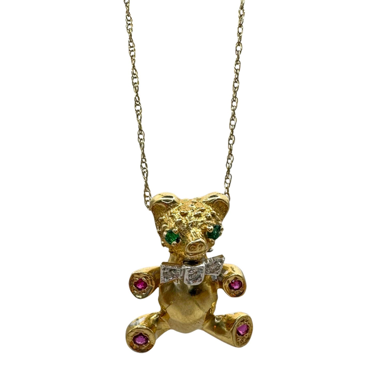 14k 1980's Diamond, Emerald and Ruby Teddy Bear Pendant with Chain