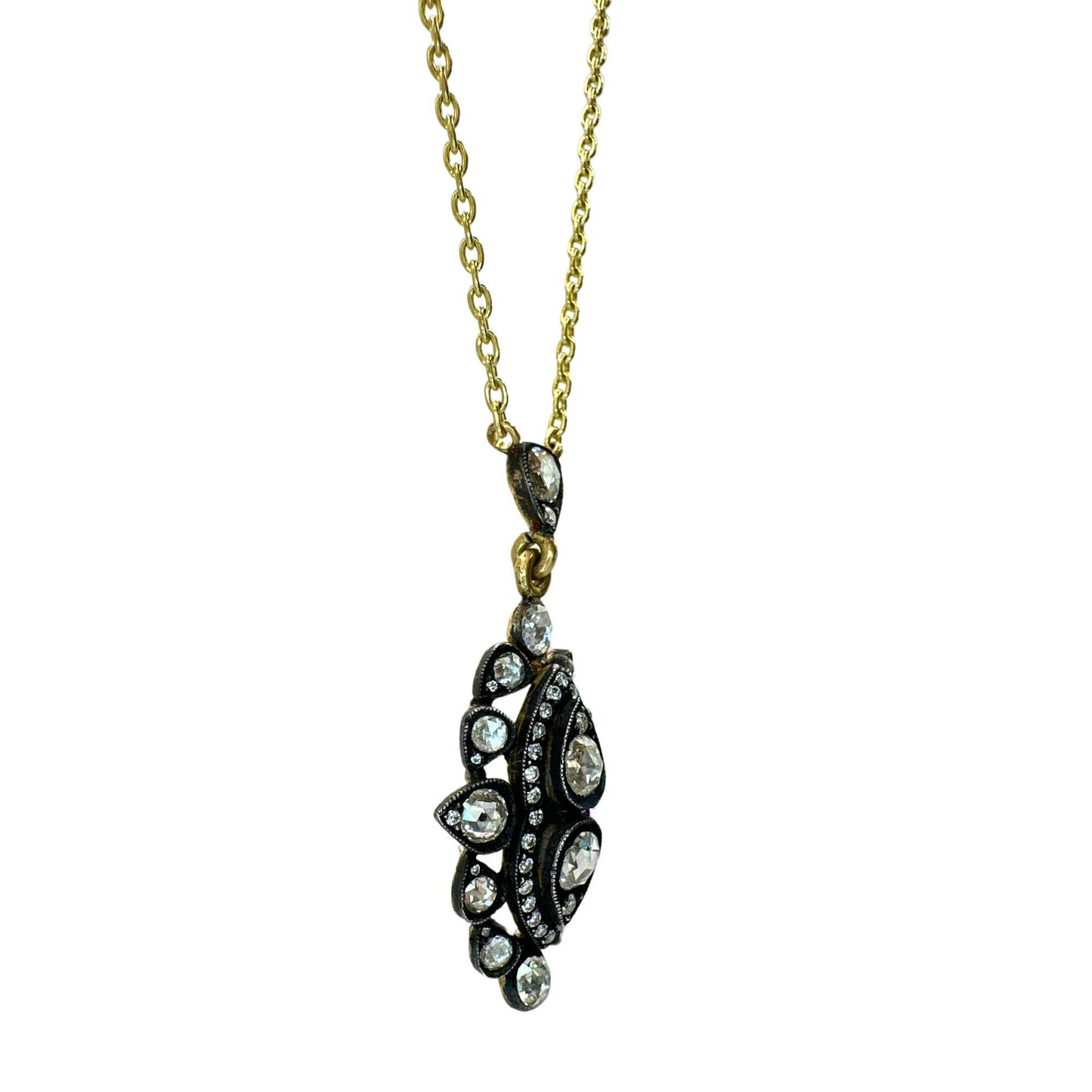 18k Yellow Gold and Silver Top Rose Cut Diamond Necklace