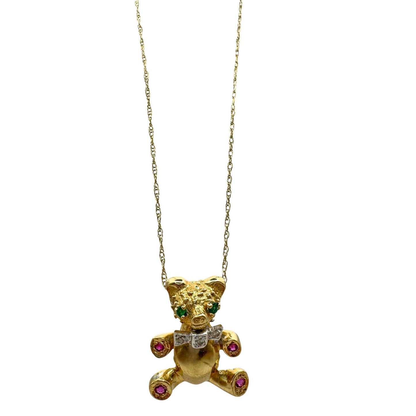 14k 1980's Diamond, Emerald and Ruby Teddy Bear Pendant with Chain