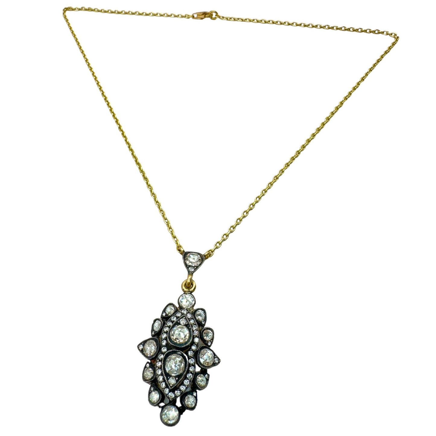 18k Yellow Gold and Silver Top Rose Cut Diamond Necklace
