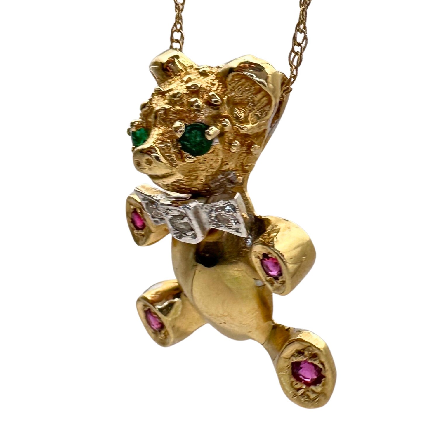 14k 1980's Diamond, Emerald and Ruby Teddy Bear Pendant with Chain