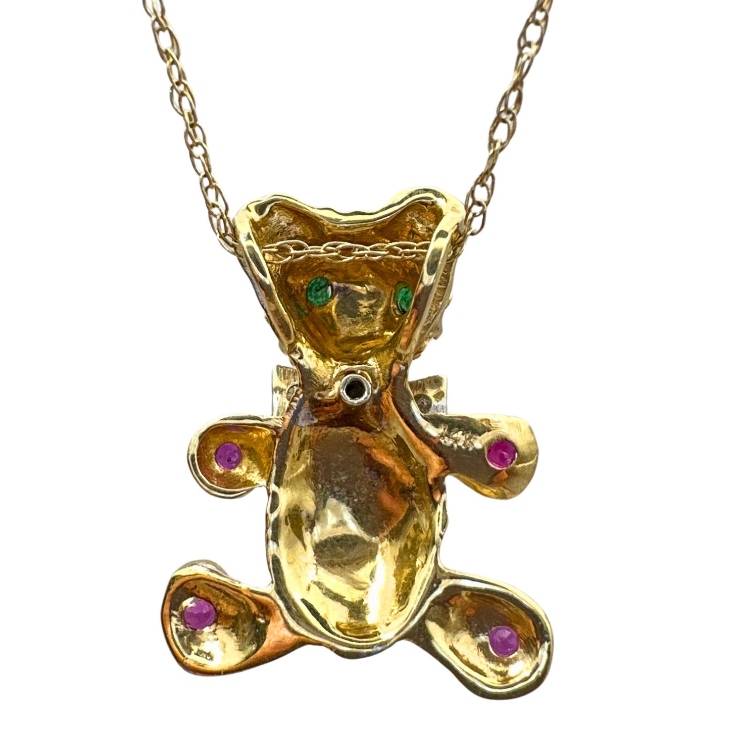 14k 1980's Diamond, Emerald and Ruby Teddy Bear Pendant with Chain