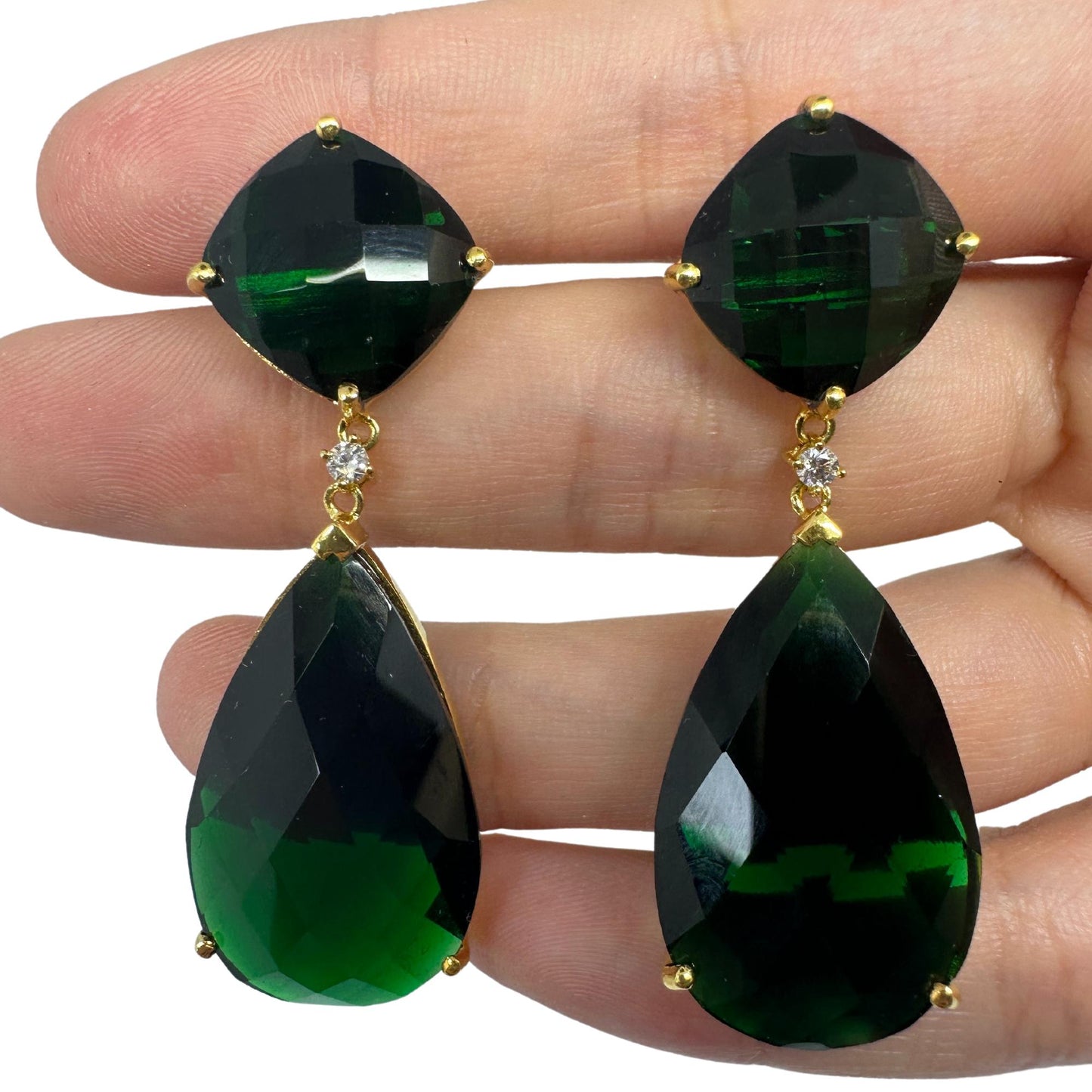 14k Diamond and Lab Grown Green Stone Dangle Earrings