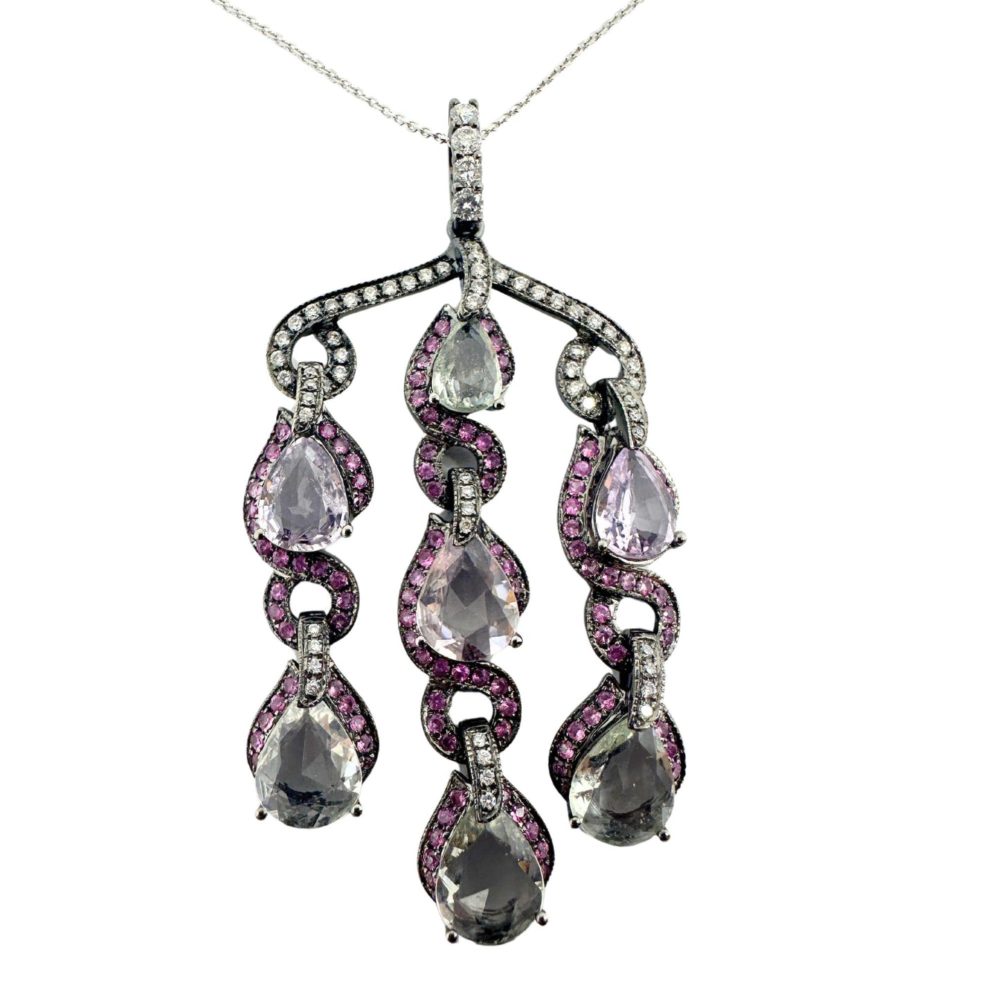 18k Diamond and Multi Color Sapphire Pendant Necklace with 14k Chain
