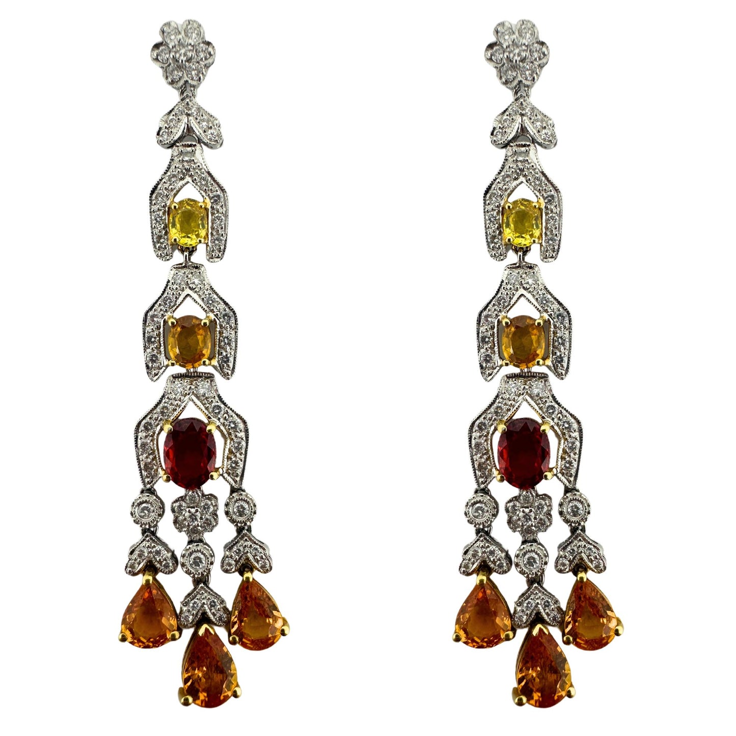 18k White Gold Diamond, Orange and Yellow Sapphire Drop Earrings