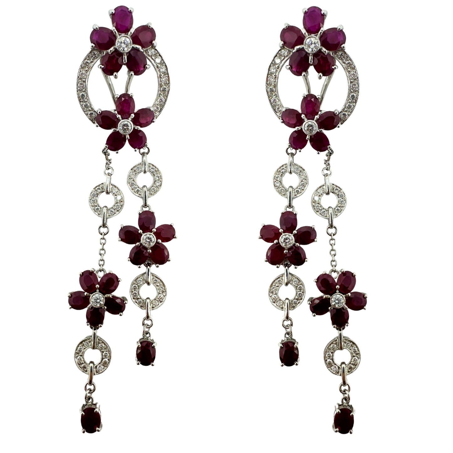 14K White Gold Diamond and Ruby Flower Drop Earrings