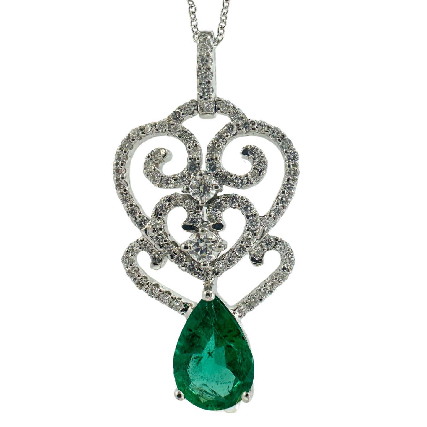 18K White Gold Pear Cut Emerald and Diamond Pendant Necklace