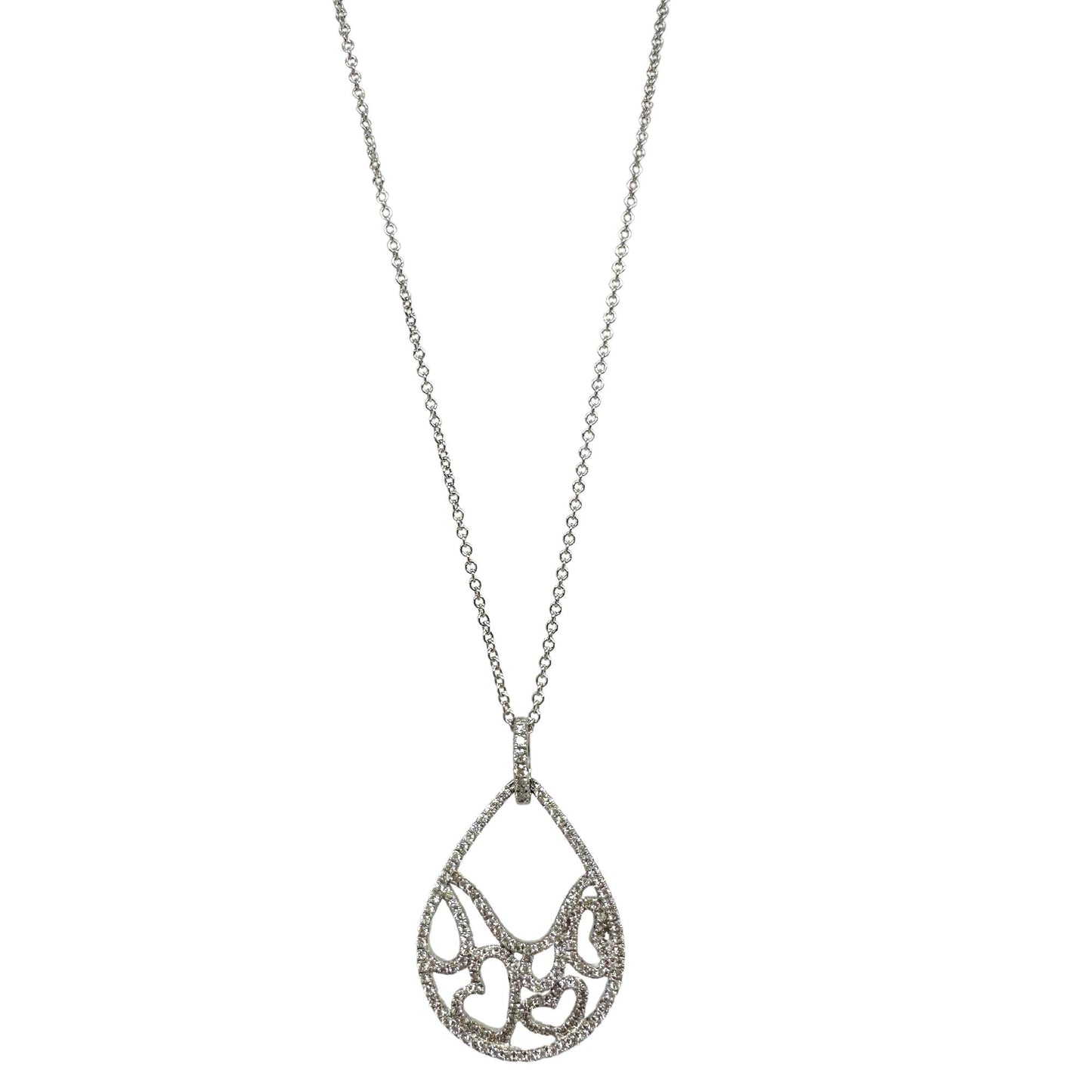 18K White Gold Diamond Pearl Tear Drop Heart Pendant Necklace