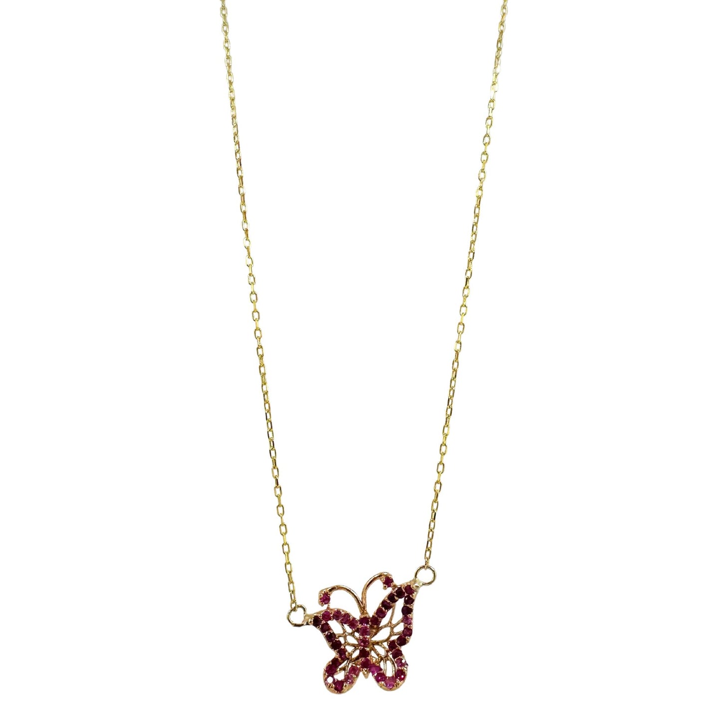 18K Rose Gold Pink Sapphire Butterfly Necklace with 14K Yellow Gold Chain