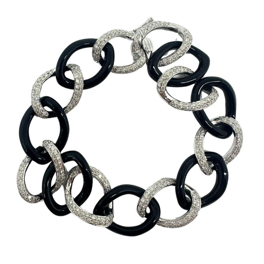 18k White Gold Diamond and Onyx Link Bracelet