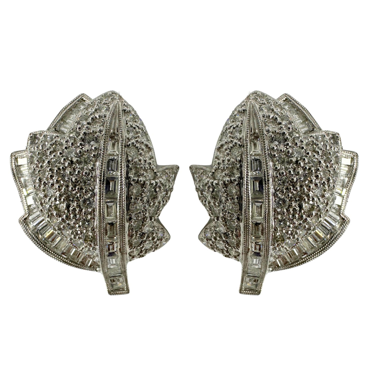 Platinum Baguette Cut Diamond Leaf Earrings
