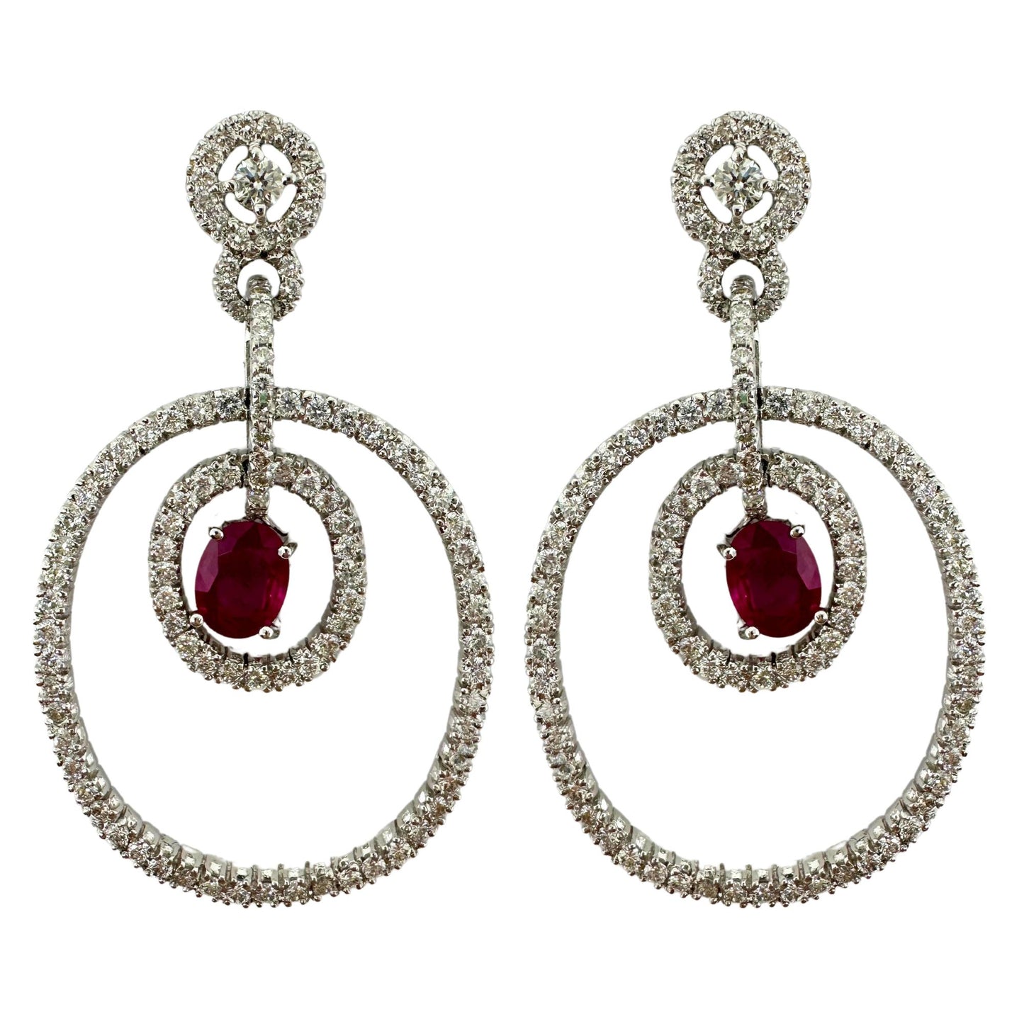 18K White Gold Diamond and Oval Ruby Drop Earrings