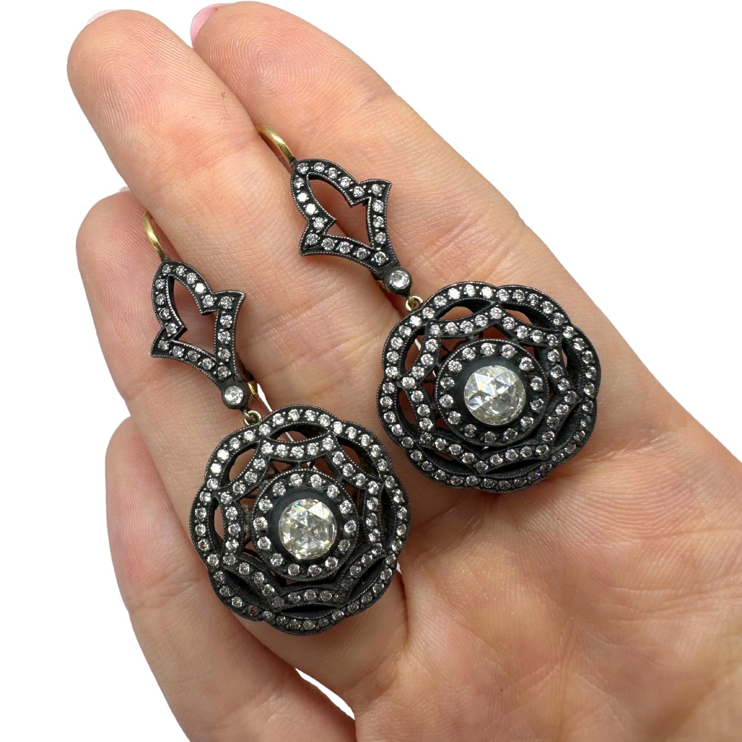 18K Yellow Gold and Silver Top Rose Cut Diamond Drop Earrings